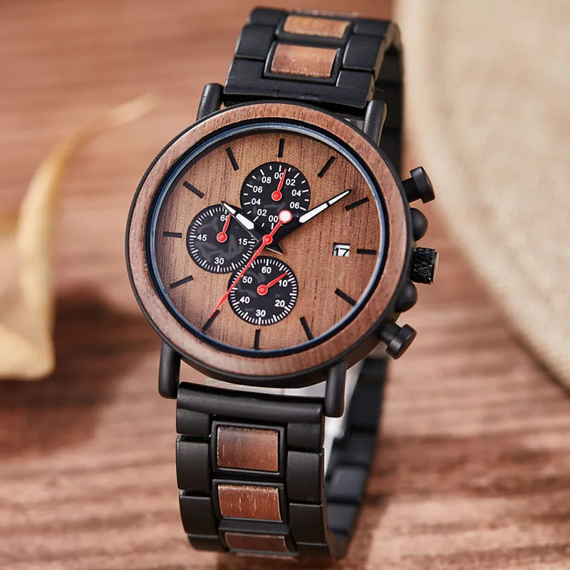 Bamboo Metal Wood Watch for Men Watch Relogio Masculino Chronograph Calendar Date Sport Mens Male Ebony Wooden Quartz Wristwatch