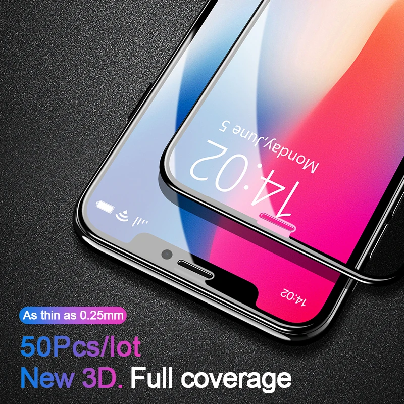 50 Pcs 0.25mm 3D Full Cover Protective Tempered Glass For iPhone 11 Pro Xs Max X Xr SE 2020 8 7 6 6s Plus Screen Protector Glass