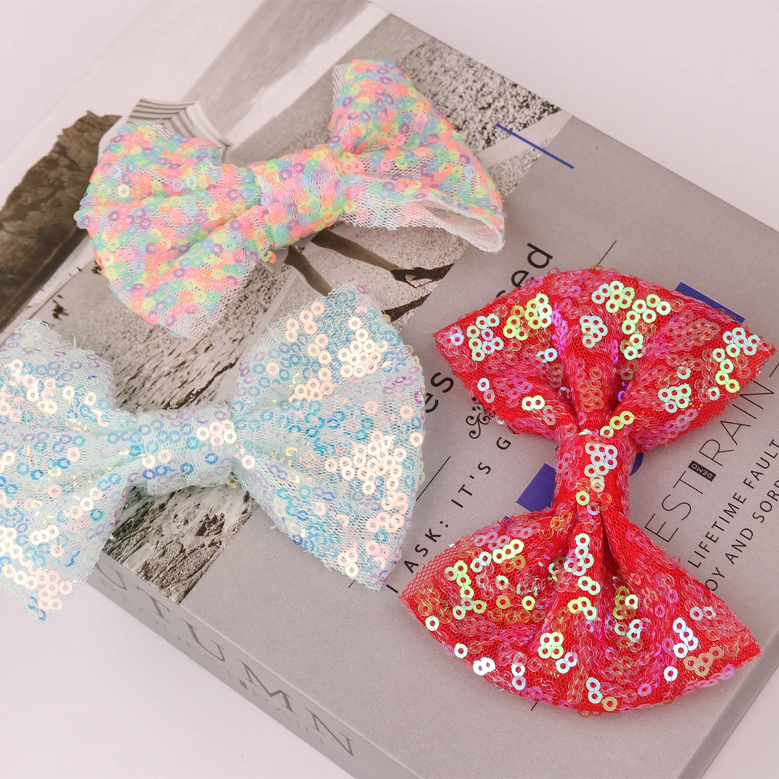 8pcs/set Girls Glitter Bows Princess Sweet Knot Design 4 Inch Bow WITH/WITHOUT Clips Shiny Sequin Rainbow Pink Color Hairbow