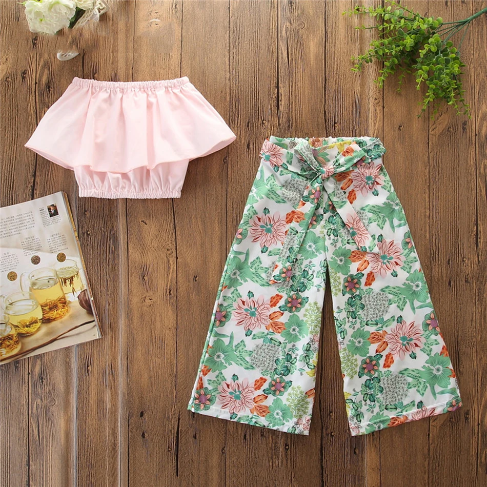 

Brand New Toddler Girls Princess Outfits Off Shoulder Bandeau Solid Tank Tops Floral Belt High Waist Pants Set Summer Clothes