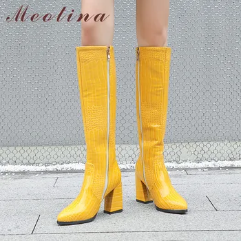 

Meotina Long Boots Women Shoes Zipper High Heel Knee High Heel Boots Pointed Toe Thick Heels Ladies Boots Winter Black Golden 43