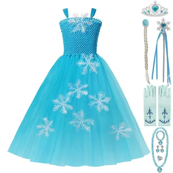 

Elsa Princess Ball Gown For Girl Sling Snowflake Appliques Blue Dress Teenage Evening Party Costumes 2-12T Cosplay Tulle Tutu