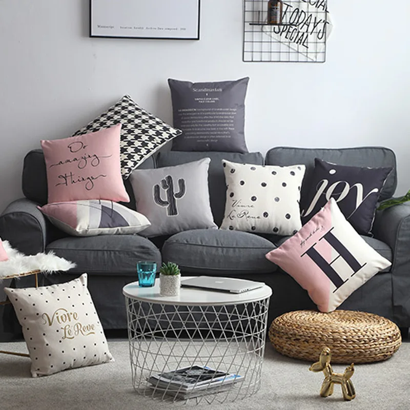 ins linen cotton decorative cushion cover pink grey black letters plant plaid pillow 45*45cm sofa chair office pillowcase | Дом и сад