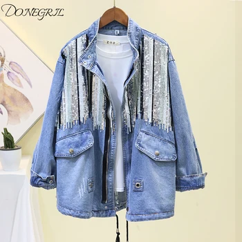 

2020 Spring Autumn Vintage splice Sequins Denim Jacket Women Wild Long Sleeves Zipper Outwear Loose Washed Jeans Jacket Women
