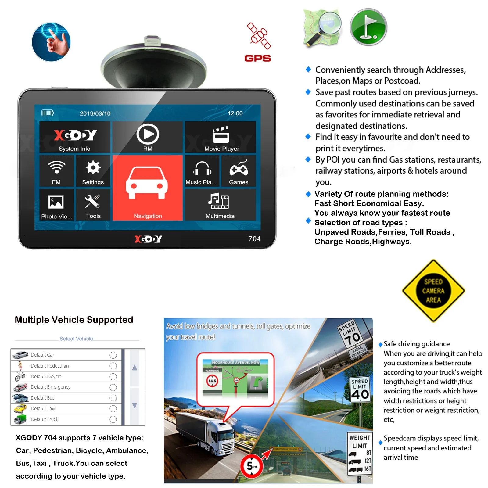 XGODY 704 7" Sat Nav GPS Navigation 8GB BT FM w/ Wireless Rearview Camera