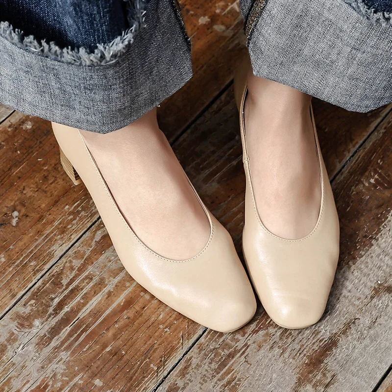 

2019 Spring New Style Shallow Mouth Single Shoes Women's Chunky-Heel Semi-high Heeled High Heel Shoes Nude Square Head Genuine L