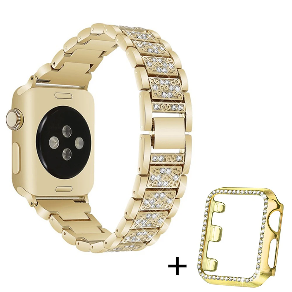 Gold-gold case Ремешок со стразами+ чехол для Apple Watch 38 мм 42 мм металлические стразы сменный Браслет для женщин iWatch 40 мм 44 мм серия 5 4 - Цвет ремешка: Gold-gold case