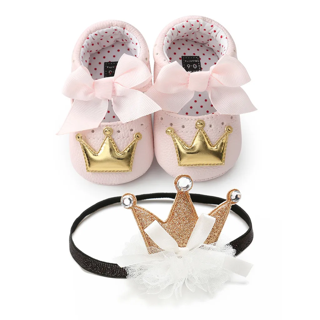 MUQGEW Baby First Walkers Soft Gold Crown Shoes Baby Girl Sequins Bowknot Fashion Toddler First Walkers Kid Shoes+1PC Hairband - Цвет: Gold Pink