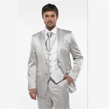 

Men Suit Slim Fit Groom Tuxedos Silver Gray Bridegroom Wedding Suits 3 Piece Business Prom Custom Suits