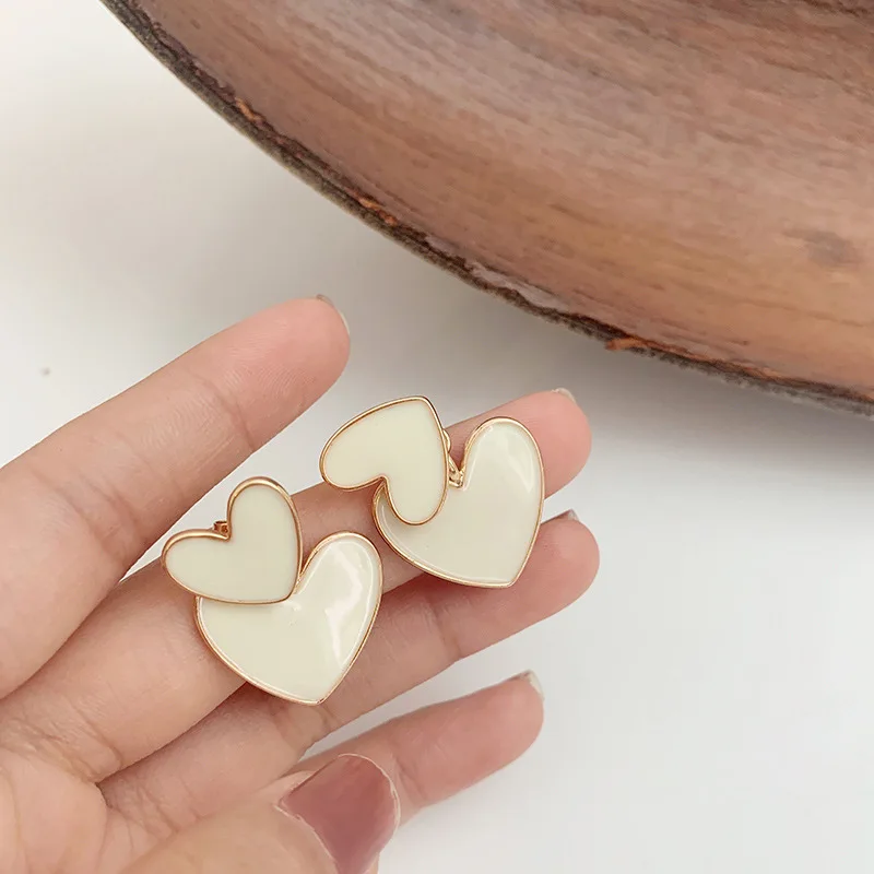 2020 New Fashion Korean Drop Earrings For Women White Enamel Double Heart Korean Jewelry Female Earring Girls Gift