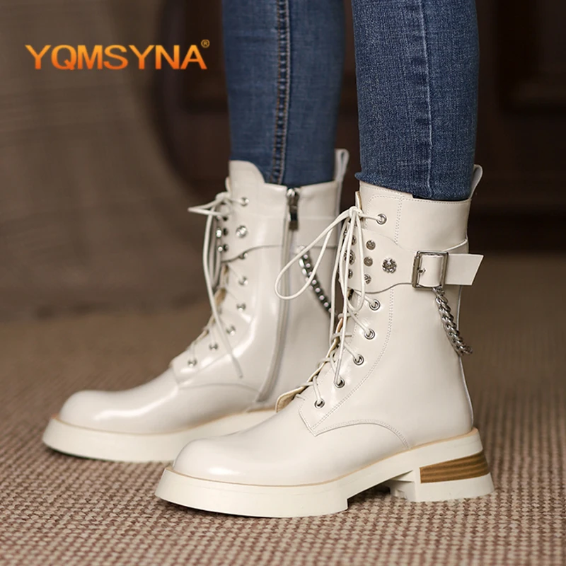 

YQMSYNA Fashion Women Boots Genuine Leather Street Style Round Toe Rivet Square Heel Boots Convenient Zipper Lace-up Shoes AS333