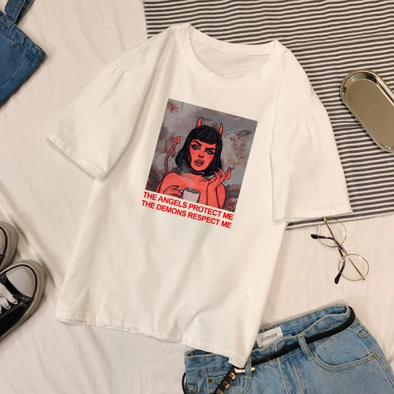 Винтажные летние топы Harajuku с надписью Devil веселые свободные коротким рукавом в