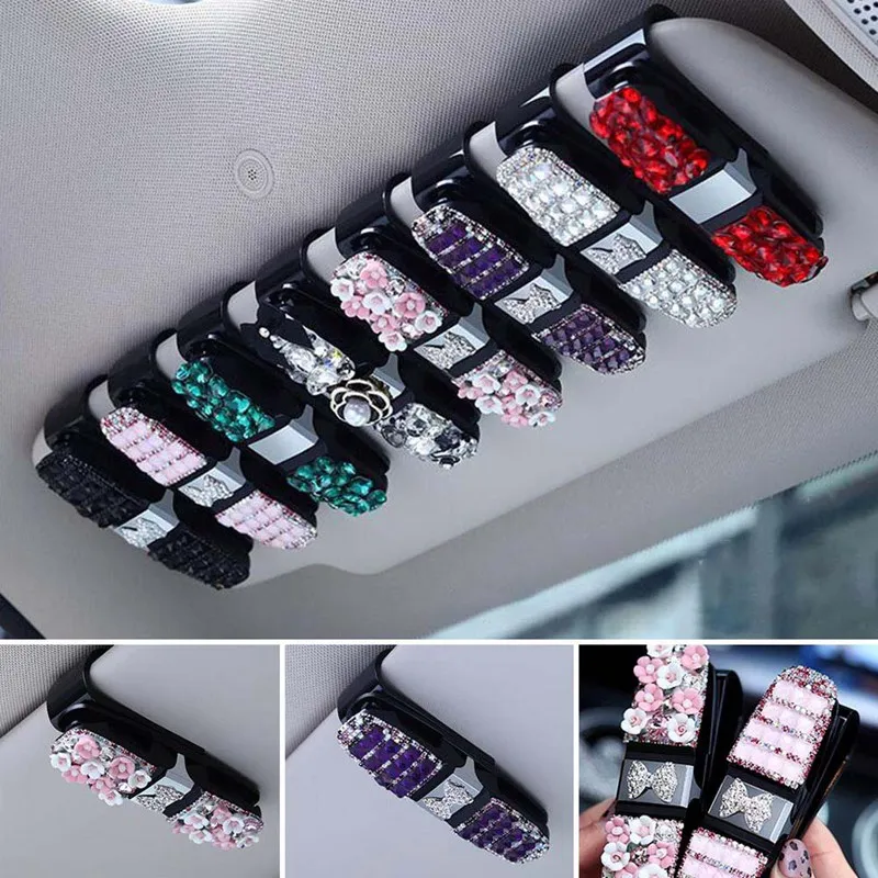 Crystal Car Fastener Clip Sun Visor Sunglasses Fashion Women Diamond Car Glasses Decorative Card Ticket Clip Holder