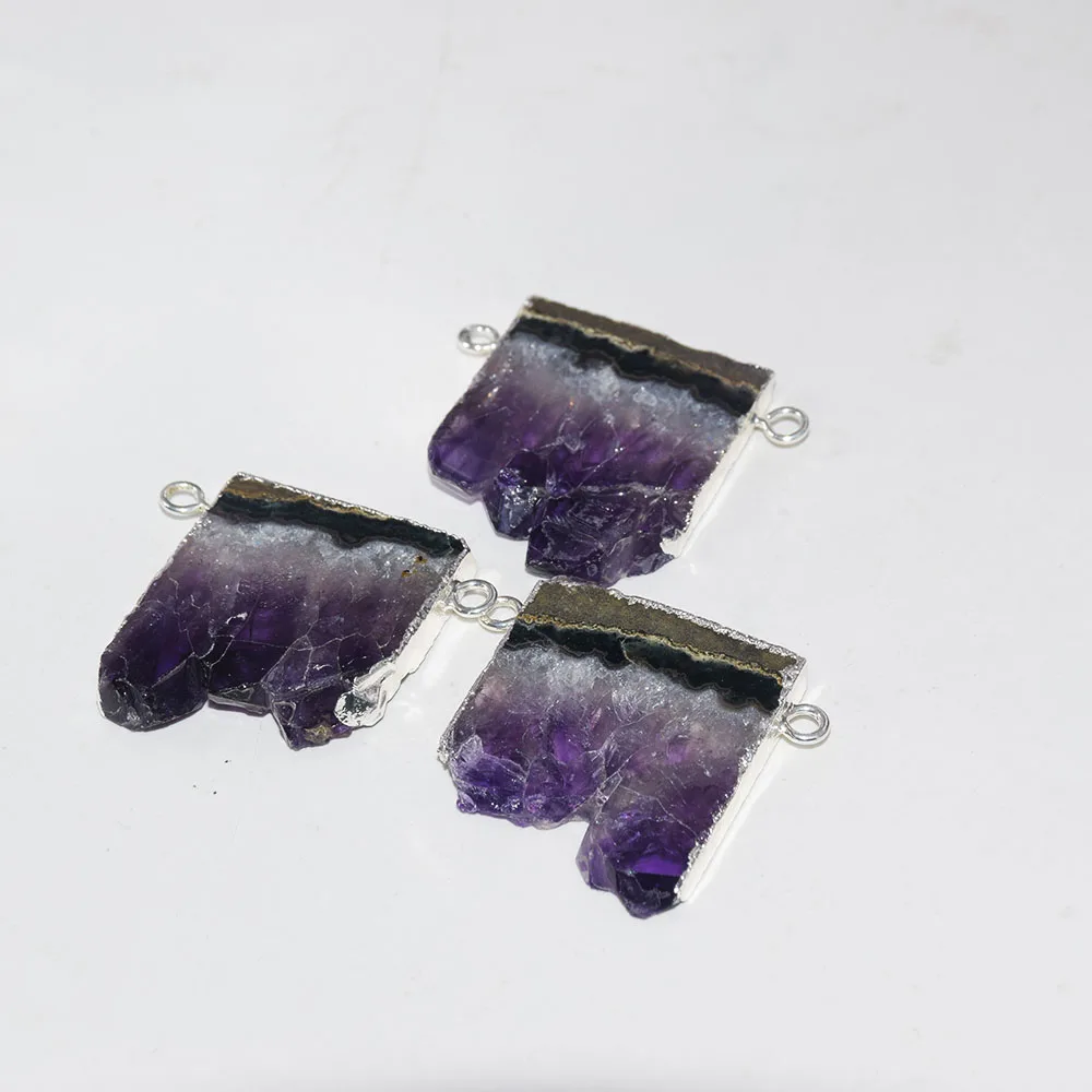 Натуральный срез Geode Druzy Кулон для ожерелья 2 петли необработанный фиолетовый кристалл Кварцевый прямоугольник кластер кулон аметисты женский