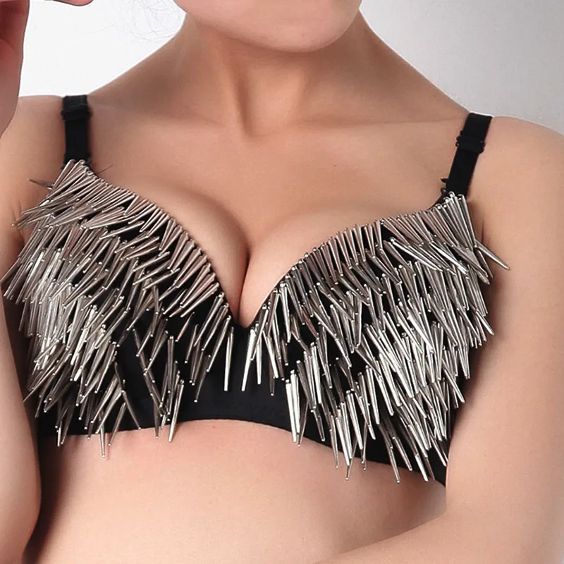 Gold Silver Metal Rivet Underwire Bra Push Up Backless Adjustable Strap Sexy Women Lingerie Rave Festival Dance Show Fashion