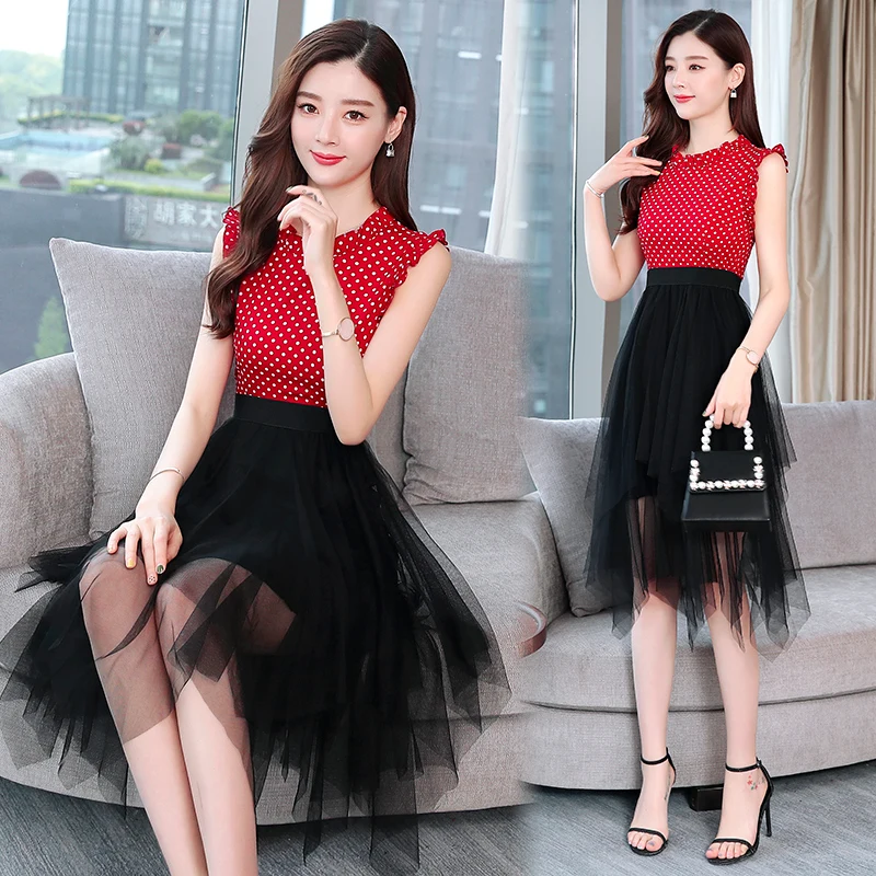 

2020 Fashion Dot Mesh Patchwork Midi A-Line Dress Summer 4XL Plus Size Short Sleeve Dress Elegant Women Bodycon Party Vestidos
