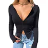Women Front Zipper Ribbed Crop Top Autumn Solid Color Zip Long Sleeve V Neck Tight Knitwear T Shirts Tops ► Photo 2/6