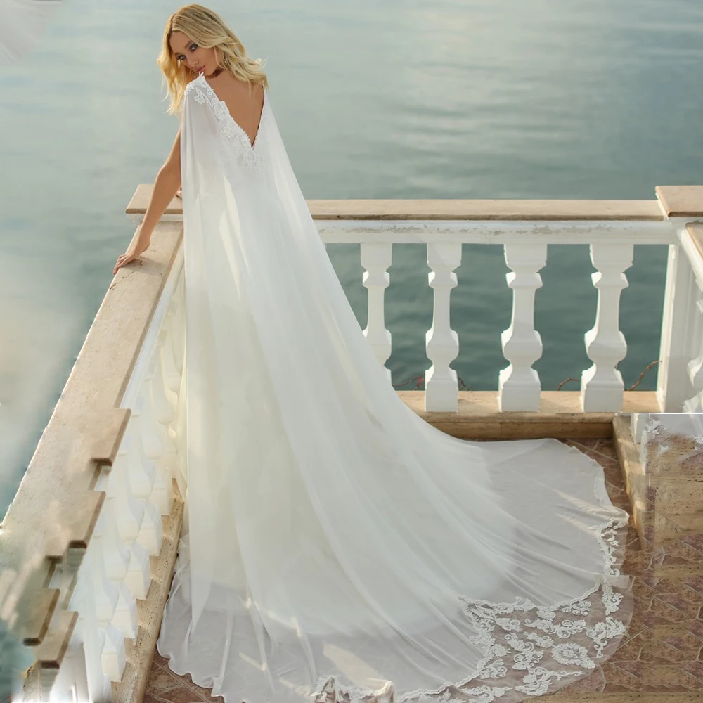 Chic Boho Beach Wedding Dress with Detachabel Cape Sexy Spaghetti Straps V Neck Lace Chiffon A Line Bridal Gowns