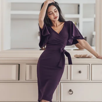

BacklakeGirls Sexy V Neck Lotus Leaf Short Sleeve High Waist Cocktail Dress Knee-length Purple Party Dress Robe De Soirée 2019