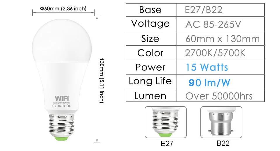 B22 E27 умная лампа 220 В светодиодный светильник с регулируемой яркостью Bluetooth светодиодный RGB Лампочка/wifi лампочка с затемнением 15 Вт теплый холодный белый светильник D4