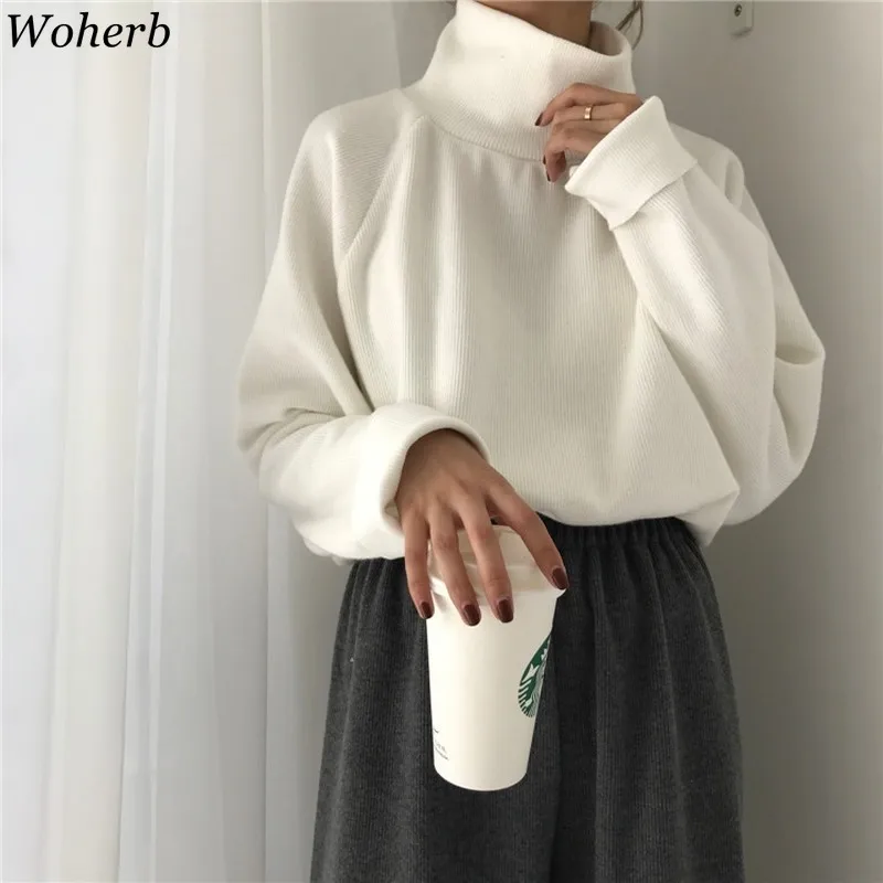 Woherb 2022 Casual Loose Turtleneck Sweater Women Autumn Winter Knitted Jumpers Harajuku Korean Sweaters Pullover Pull Femme | Женская
