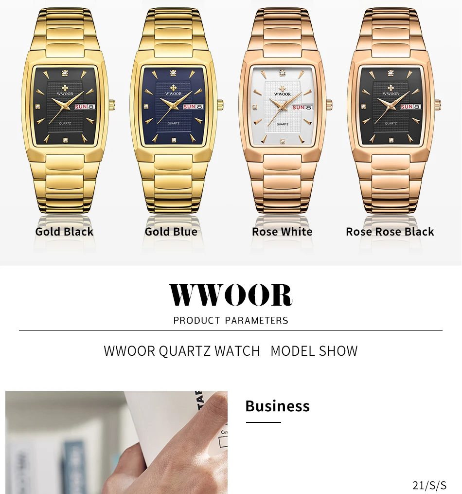 Watches Men WWOOR Brand Casual Simple Men's Quartz Clock Rose Gold Square Waterproof Week Display Wristwatches Relogio Masculino