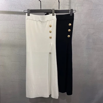 

Spring Women Long Pencil Skirts Elastic High Waist Knitted Skirt Female Button Split Skirt