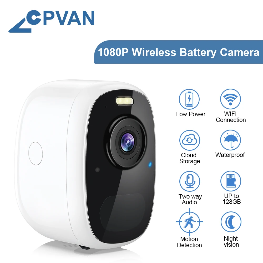 CPVAN Wireless Battery IP Camera 1080P Outdoor Waterproof Rechargeable Surveillance Cam PIR Motion Detection Security Camera