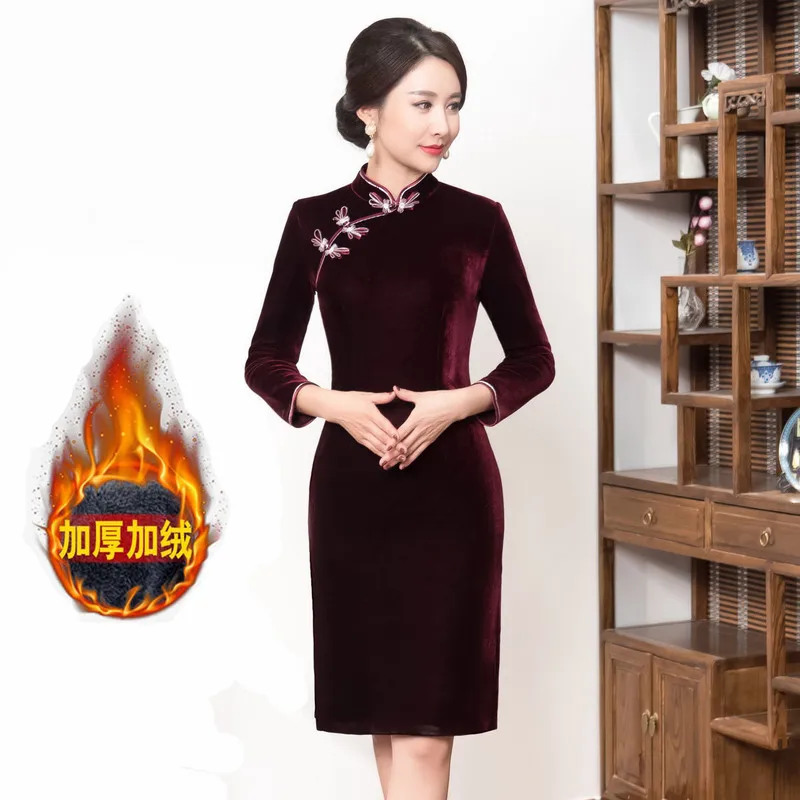 

2019 Real The New Improved Pleuche Cheongsam Retro Brief Paragraph Cultivate Morality Qipao Dress Middle-aged And Old Mother