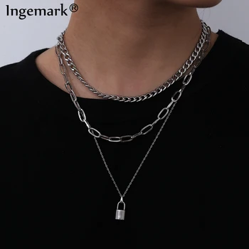 

Multilayer Key Lock Pendant Choker Necklace Collares Women Punk Cuban Padlock Stainless Steel Long Chain Necklace Friend Jewelry