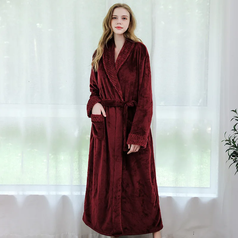 Women Red Wine Мужской зимний очень длинный теплый фланелевый банный халат-кимоно мужской термальный халат женский домашний пеньюар Неглиже - Цвет: Women Red Wine