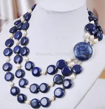 

Fashion jewelry Free Shipping 3Rows White Pearl Natural 10mm Coin Lapis Lazuli Jewelry Necklace 18 --20"