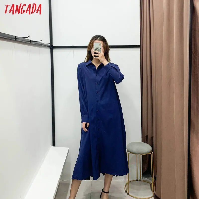 Tangada, женское однотонное платье-рубашка, плиссированное платье с длинным рукавом, женские свободные повседневные платья больших размеров, vestidos XN24