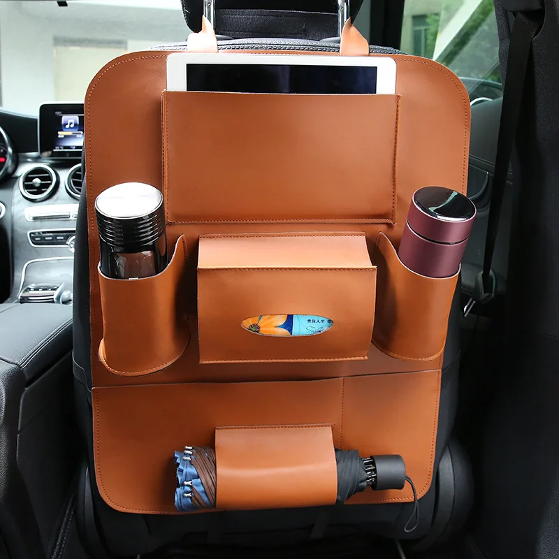 Полиуретановая кожаная сумка-накладка на заднее сиденье автомобиля Органайзер дорожная сумка для хранения складной обеденный стол сумка для хранения сиденья автомобиля аксессуары для стайлинга автомобиля - Название цвета: Коричневый