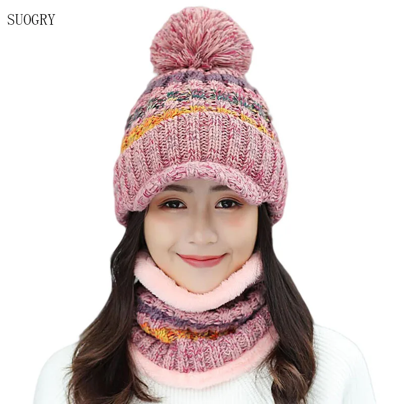 

Female Warm Beanie Hat Riding Snow Caps Winter Women Knitted Hat Scarf Set Hairball Pom Pom Fashion Wool Thickening Hat Collars