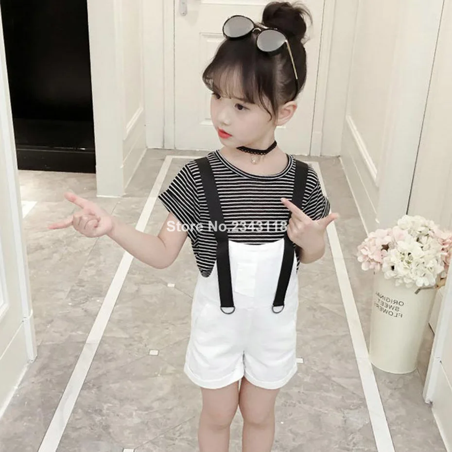 

Clothes For Girls Striped Shirt + Solid Jumpsuit 2pcs Summer Girl Set Teenage Kids Girls Clothing 6 8 10 12 13 14 Year
