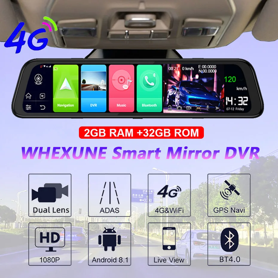 WHEXUNE 4G ips зеркало заднего вида Автомобильная камера Android 8,1 gps навигация 2 Гб ОЗУ 32 Гб ПЗУ ADAS FHD 1080P видеорегистратор