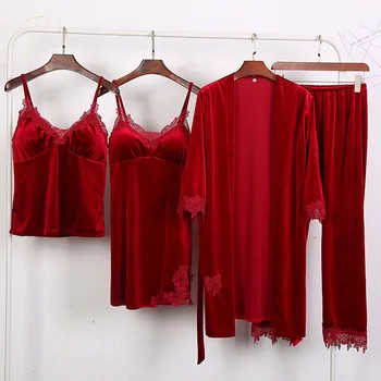 

Burgundy Women Velour 4PCS Pajamas Suit Night Gown Sexy Loose Casual Nightwear Lace Lady Sleepwear Velvet Soft Home Clothing
