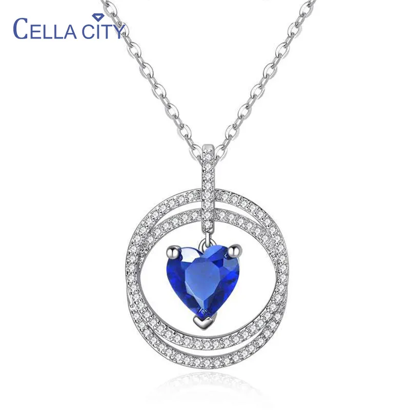 Cellacity Trendy Round Pendant Necklace for Women Silver 925 Jewelry Heart shaped Sapphire Clavicle Chain Party Wholesale | Украшения и