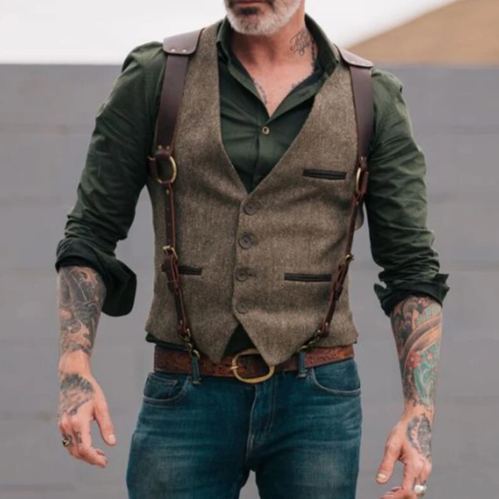 Traje vintage chaleco de lana de Tweed de alta calidad para hombre chaleco Formal de negocios sin mangas para padrinos de boda