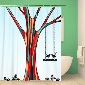 

Bathroom Shower Curtain Vector Colorful Tree with Birds and Swing Trunk Autumn Fall Polyester Fabric 72x72 inches Waterproof