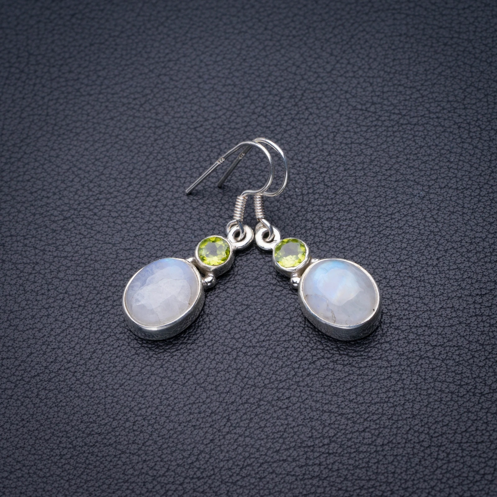 

StarGems Natural Rainbow Moonstone And Peridot Handmade 925 Sterling Silver Earrings 1.5" D6527
