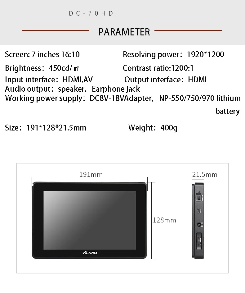DC-70HD 7 ''1920x1200 HD ЖК-дисплей для камеры, видео монитора, поля ips, HDMI, AV вход, батарея и зарядное устройство для Canon, Nikon, DSLR