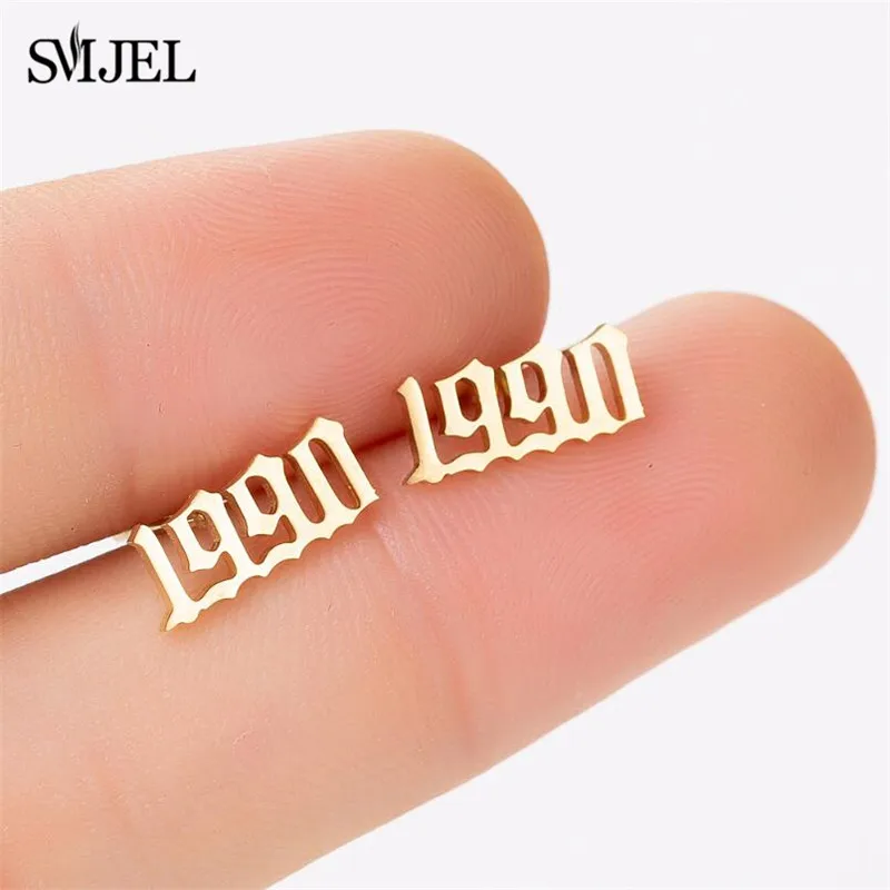 SMJEL Stainless Steel Year Number Stud Earrings Small Women Fashion Earings Custom Birth Unique Date Jewelry Gift 1980 to 2019