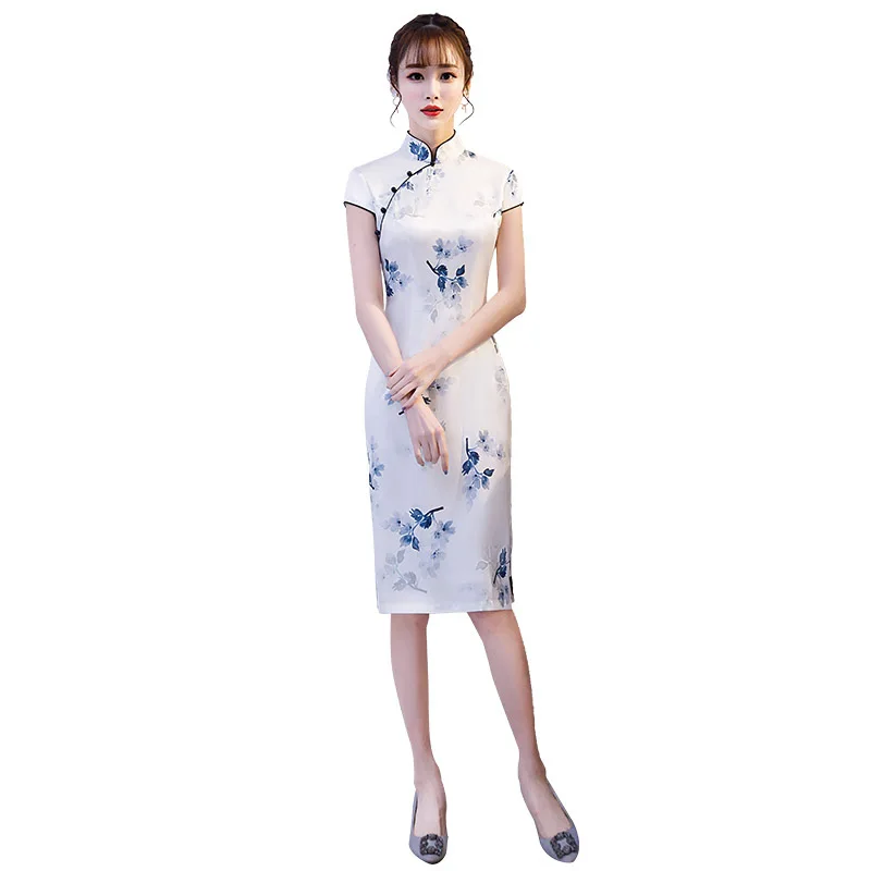 Стильный стильный принт в китайском стиле винтажное женское Короткое платье Qipao классический сценический показ Элегантный женский воротник стойка чонсам