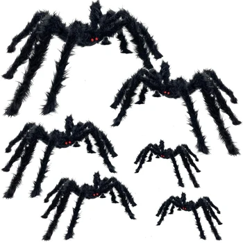 

Botique-6 Pcs Halloween Spider Decorations with Red Eyes,Giant Scary Halloween Props, Realistic Hairy Spiders Set