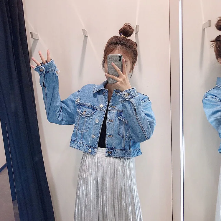 

Overplus of Goods Exported to Europe And US Women's Short Classic Washing Blue Long Sleeved Jeans Coat