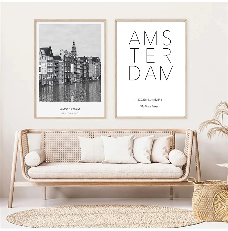 Photo Canvas Painting Wall Art Picture , City Poster Amsterdam Coordinates Canvas Prints Netherlands Amsterdam Landscape