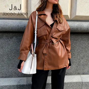

Jocoo Jolee Women Fashion Blue PU Leather Short Dress Spring Vintage Long Sleeve Single-breasted A-Line Dress Elegant Outfits