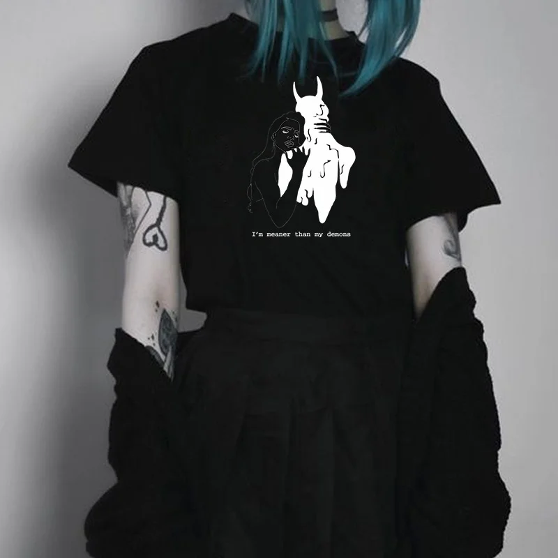 Модная футболка HJN I'm Meaner Than My Demons Tumblr, модная футболка в стиле гранж, атласная рубашка, готическая одежда